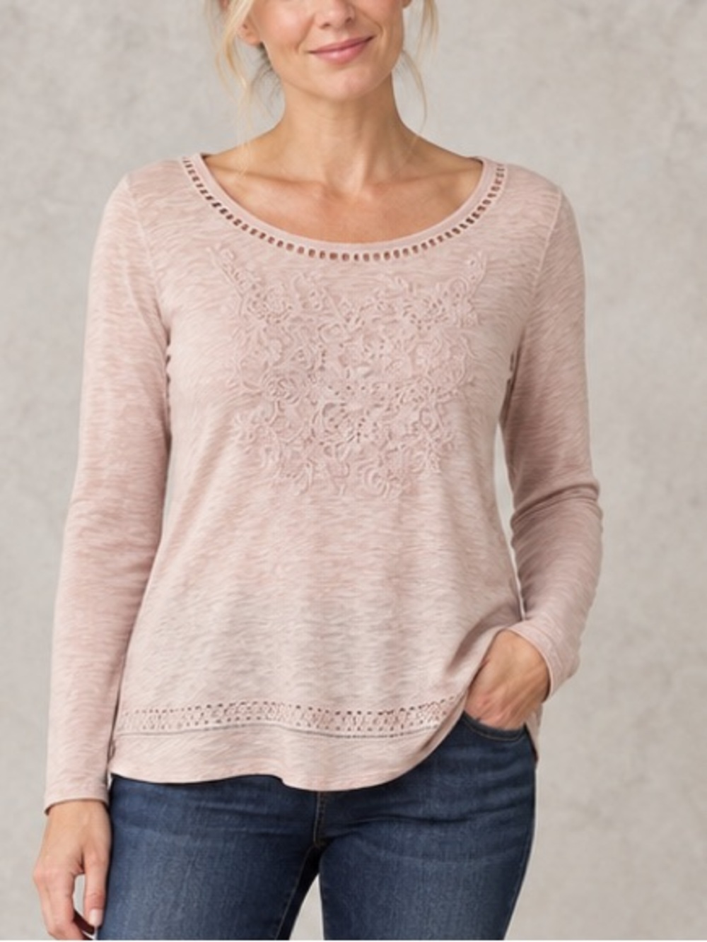 Tribal Jeans Blush Pink Embroidered Slub Cotton Top M